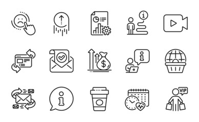 Business icons set. Included icon as Dislike, Budget, Refresh website signs. Video camera, Online shopping, Swipe up symbols. Cardio calendar, Vip shopping, Confirmed mail. Takeaway coffee. Vector