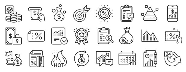 Set of Finance icons, such as Private payment, Making money, Target icons. Accounting, Discount, Checklist signs. Pyramid chart, Credit card, Calendar graph. Report document, Atm service. Vector