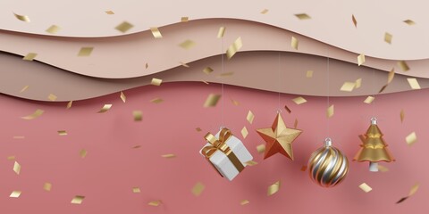 Christmas and New Year Gifts with confetti and Decoration.Banner design 3D Illustration