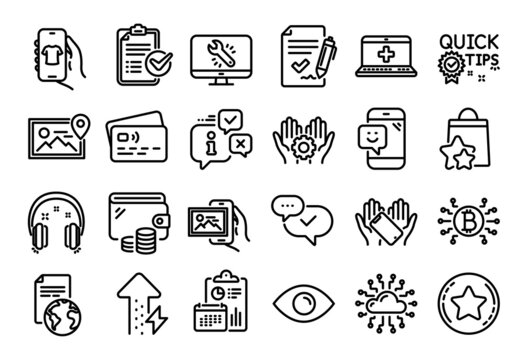 Vector set of Headphones, Translation service and Monitor repair line icons set. Calendar report, Money wallet and Credit card tag. Bitcoin system, Photo location and Energy growing icons. Vector