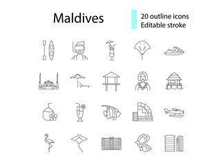 Maldives outline icons set. Tourism guide. Exotic resort. Editable stroke. Isolated vector stock illustration