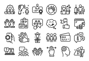 Vector set of Employee hand, Yummy smile and Multitasking gesture line icons set. Calendar report, Money wallet and Credit card tag. Ranking star, Group and Winner podium icons. Vector