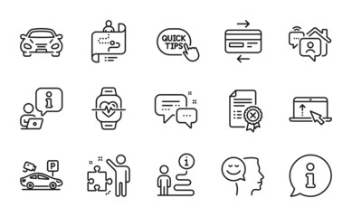 Technology icons set. Included icon as Credit card, Swipe up, Work home signs. Reject certificate, Cardio training, Quick tips symbols. Car, Strategy, Journey path. Employees messenger. Vector
