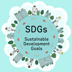 ゴミ拾いをする子供達でSDGsの取組やエコを分かりやすくイメージしたイラスト