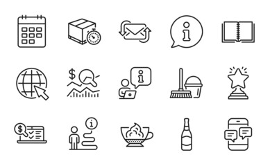 Line icons set. Included icon as Bucket with mop, Beer bottle, Phone messages signs. Book, Espresso cream, Delivery timer symbols. Online accounting, Internet, Winner. Calendar line icons. Vector