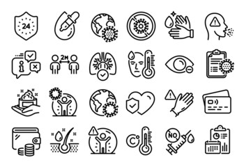 Vector set of Lungs, Coronavirus protection and Myopia line icons set. Calendar report, Money wallet and Credit card tag. 24 hours, Coronavirus pandemic and Wash hands icons. Vector