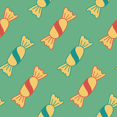 Seamless pattern, candy cane in a wrapper, vector retro style