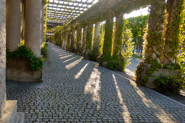 Beautiful concrete structure with green plants in the park.
