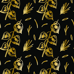 Vector seamless pattern with Christmas Floral  hand drawn golden line on black background.Flowers repeating print  in doodle style.Design for textiles,packaging,wrapping paper,scrapbook paper. 