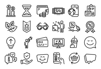 Vector set of Mobile internet, Speech bubble and Discount medal line icons set. Calendar report, Money wallet and Credit card tag. Ab testing, Strategy and Delivery discount icons. Vector