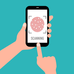 Hand holding smartphone with fingerprint scanning in flat design. Fingerprint identification or authentication vector illustration.