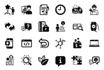 Fototapeta premium Vector Set of Technology icons related to 360 degrees, Notebook and Search book icons. Ranking stars, Seo script and Search signs. Presentation board, Chemical formula and Bitcoin. Refresh. Vector