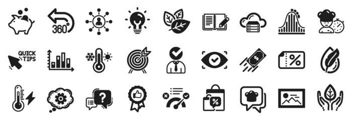 Set of Business icons, such as Energy, Organic tested, Cogwheel icons. Question mark, Chef, Fair trade signs. Feedback, Quick tips, Thermometer. Cloud server, Sale bags, Correct answer. Vector