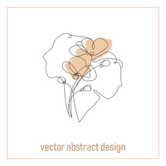 Continuous line, out line drawn illustration, abstract face of man and woman with flowers isolated on white background.Great design for cover or print on t-shirts and other products.Modern vector art