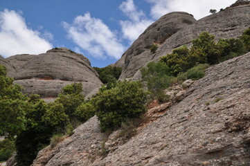 Mountain landscape. View of the mountains overgrown with green bushes. Mountains against the sky with clouds.