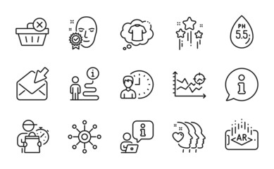 Business icons set. Included icon as Multichannel, Open mail, T-shirt signs. Seo analysis, Friends couple, Augmented reality symbols. Stars, Delivery man, Face verified. Working hours. Vector