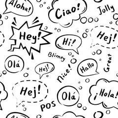 Speech bubble vector seamless pattern with the word hello in different languages. Hola, hey, hi, ola and other greetings. Hand drawn set of black and white comic elements for hotels, school, textile © Olga