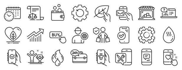 Fototapeta na wymiar Set of Business icons, such as Approved app, Music app, Legal documents icons. 24h service, Calendar time, Hot water signs. Winner cup, Buyer insurance, Message. Buy button, Market. Vector