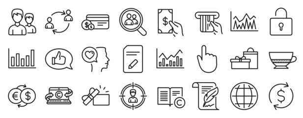 Set of line icons, such as Infochart, Globe, Investment icons. Money exchange, User communication, Opened gift signs. Feedback, Payment method, Copyright. Lock, Receive money, Credit card. Vector