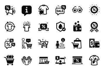 Vector Set of Fashion icons related to Dry t-shirt, Discount medal and Shopping rating icons. Wallet money, Buyer think and Change clothes signs. Discounts ribbon, Online shopping and Market. Vector