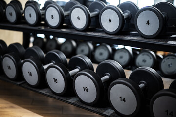 Fototapeta na wymiar Close up of new dumbbells on a rack in a gym