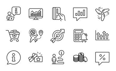 Finance icons set. Included icon as Discount message, Target, Analytical chat signs. Banking money, Add products, Wind energy symbols. Payment card, Calculator alarm, Statistics. Vector