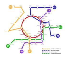 Subway map. Template of fictional town public transport scheme for underground transition road. Metro or bus abstract traffic pattern with circular color routes. Vector card illustration for design