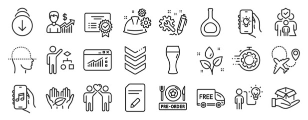 Set of Business icons, such as Edit document, Fair trade, Electric app icons. Algorithm, Hold box, Music app signs. Pre-order food, Seo timer, Certificate. Plants watering, Engineering. Vector
