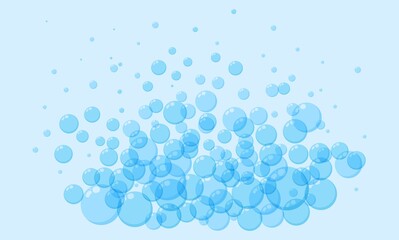 Soap bubbles in cartoon style. A foam sample with blue round shapes. Vector illustration of a card with shampoo or drinking foam. Simple soap background. Oxygen circles fly up