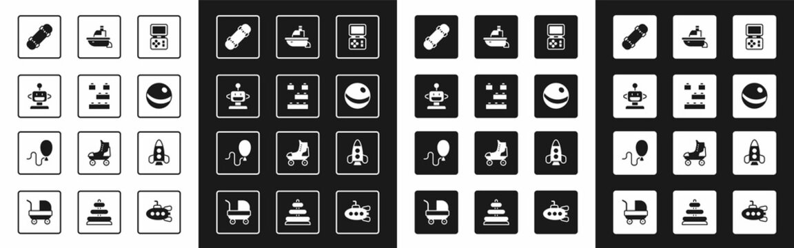 Set Tetris electronic game, Toy building block bricks, Robot toy, Skateboard, Beach ball, boat, Rocket ship and Balloons icon. Vector