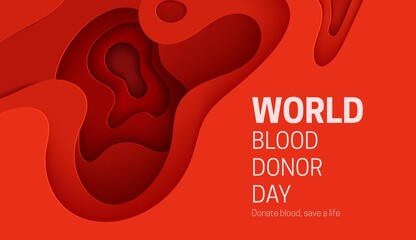 World Blood Donor Day poster in paper cut style. 3d red background with liquid waves. Vector card illustrations for leukemia or hemophilia concept. Medical health care flyer with inside view artery