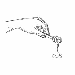 Vector continuous one single line drawing of dipper with honey in hand in silhouette on a white background. Linear stylized.