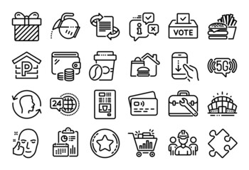 Vector set of Loyalty star, Face id and Coffee pot line icons set. Calendar report, Money wallet and Credit card tag. Seo shopping, Healthy face and 5g wifi icons. Vector