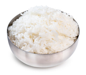 Cooked rice in a metal bowl on white background, Rice Korean rice bowl isolated on white background With clipping path.