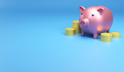 3D rendering pink piggy bank and coin in blue background and space for copy space. saving concept to make monkey
