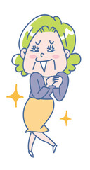 笑顔で喜ぶ年配女性の全身イラスト