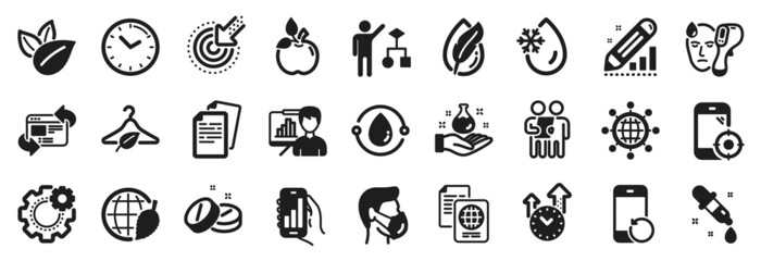 Set of Science icons, such as Documents, Medical tablet, Organic product icons. Environment day, Time, Presentation board signs. Hypoallergenic tested, Algorithm, Seo phone. Cogwheel. Vector