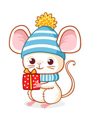 Cute little mouse in a blue Christmas hat is holding a Christmas present.