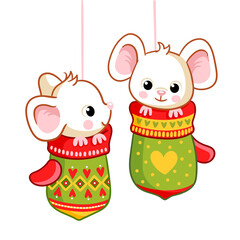 Little mice sitting in the Christmas mittens on a white background.