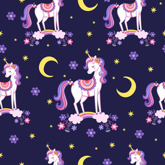 Vector seamless pattern with unicorns. Background picture with a mythical animal