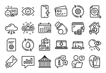Vector set of Cloud computing, Scroll down and E-mail line icons set. Calendar report, Money wallet and Credit card tag. Smile, Smartphone charging and Online question icons. Vector