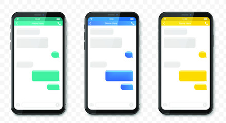 Smartphone set, chatting sms app template bubbles. Place your own text to the message clouds. Social network messenger page template. Chat app template with mobile keyboard. Message Flat Bubbles