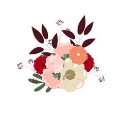 Vector illustration bouquet of flowers. Autumn set of flowers. The bouquet of pumpkin, roses and carnations. Flowers for wedding invitation and greeting card.