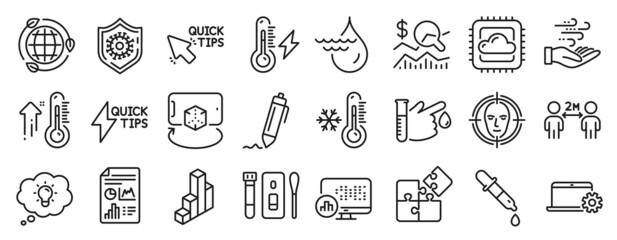 Set of Science icons, such as Cloud computing, Eco energy, Face detect icons. Social distancing, Hydroelectricity, Electricity power signs. Low thermometer, Puzzle, Wind energy. Covid test. Vector