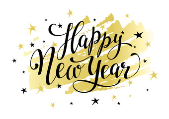 Happy New Year hand lettering with stars on gold decorative background.