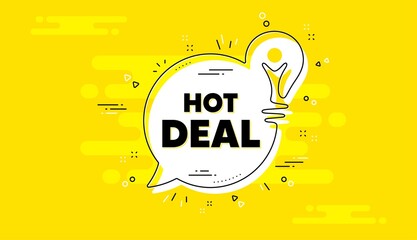 Hot deal text. Idea yellow chat bubble banner. Special offer price sign. Advertising discounts symbol. Hot deal chat message lightbulb. Idea light bulb background. Vector