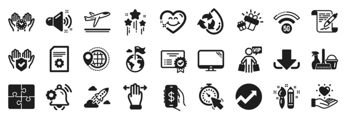 Set of Business icons, such as Money app, Notification bell, Puzzle icons. Multitasking gesture, Agreement document, 5g wifi signs. Vip shopping, Audit, World travel. Insurance hand, Timer. Vector