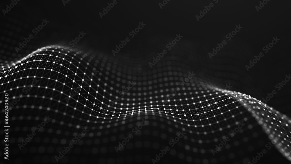 Poster Abstract background of points and lines. Cyber wave. Big data stream. 3d rendering