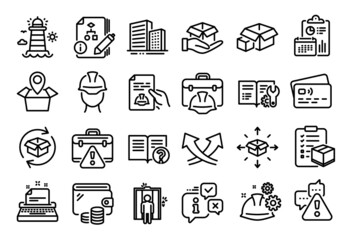 Vector set of Elevator, Help and Return parcel line icons set. Calendar report, Money wallet and Credit card tag. Packing boxes, Parcel checklist and Buildings icons. Vector