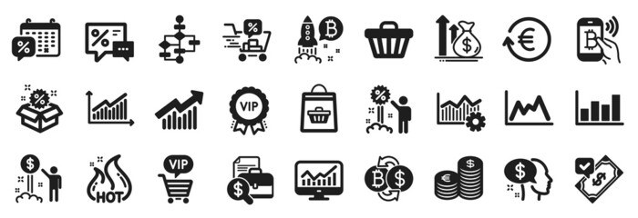 Set of Finance icons, such as Discounts cart, Sale, Shop cart icons. Currency, Discounts calendar, Block diagram signs. Pay, Online buying, Diagram. Bitcoin exchange, Vip shopping, Budget. Vector